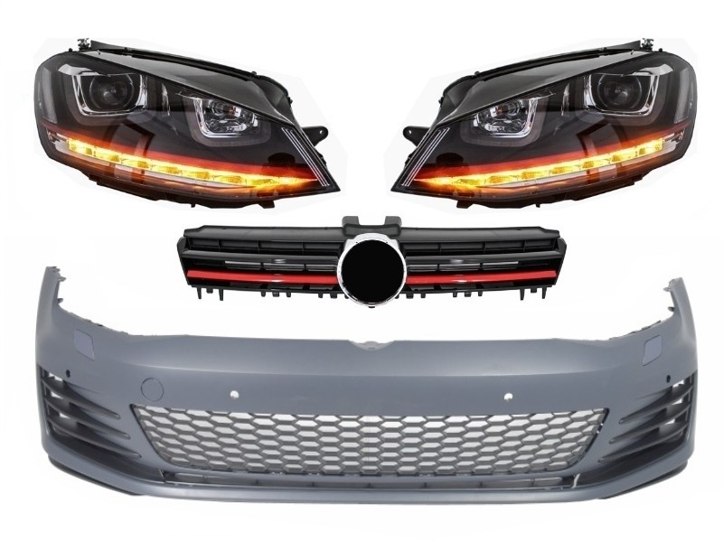 Első lökhárító alkalmas VW Golf VII Golf 7 2013-up GTI Look-hoz fényszórókkal 3D LED DRL RED Folyó irányfény és hűtőrács