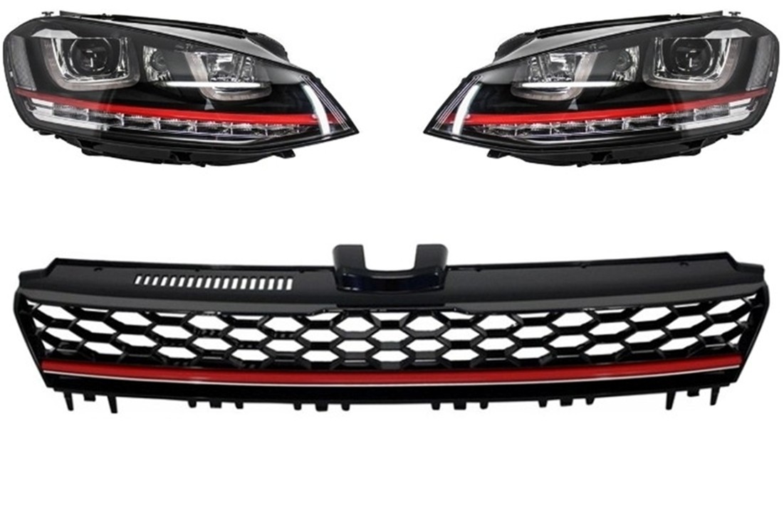 Fényszórók 3D LED DRL VW Golf 7 VII (2012-2017) RED R20 GTI Look LED FLOWING, R-Line központi hűtőrácshoz