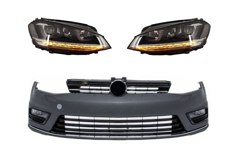 Első lökhárító alkalmas VW Golf VII 7 2013-2017 Rline Look fényszórókkal 3D LED DRL irányjelző lámpákkal ezüst