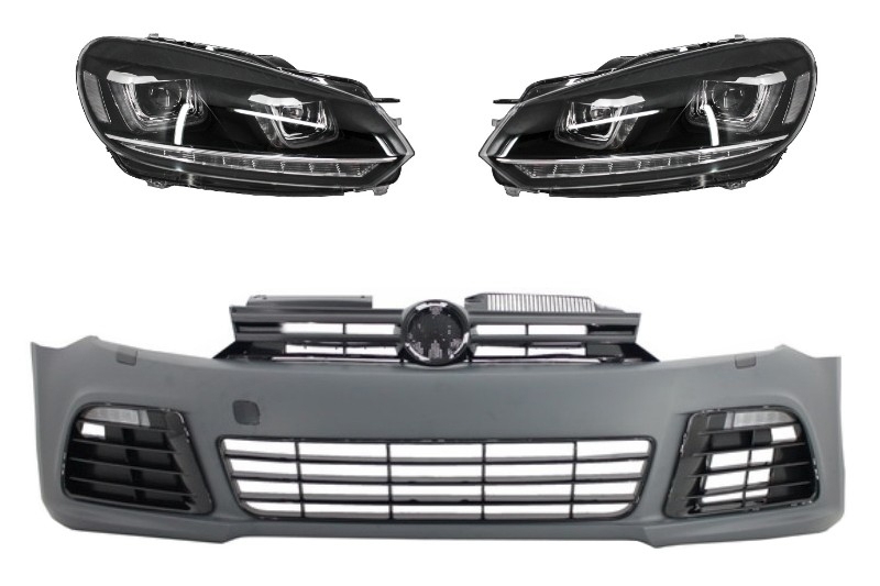 Első lökhárító alkalmas VW Golf VI 6 (2008-2013) R20 Look fényszórókkal 3D LED DRL U-Design LED áramló kanyarodó lámpa