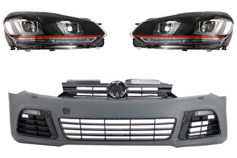 Első lökhárító alkalmas VW Golf VI 6 (2008-2013) R20 Look fényszórókkal 3D LED DRL U-Design LED áramló kanyarodó lámpa piros csíkos GTI