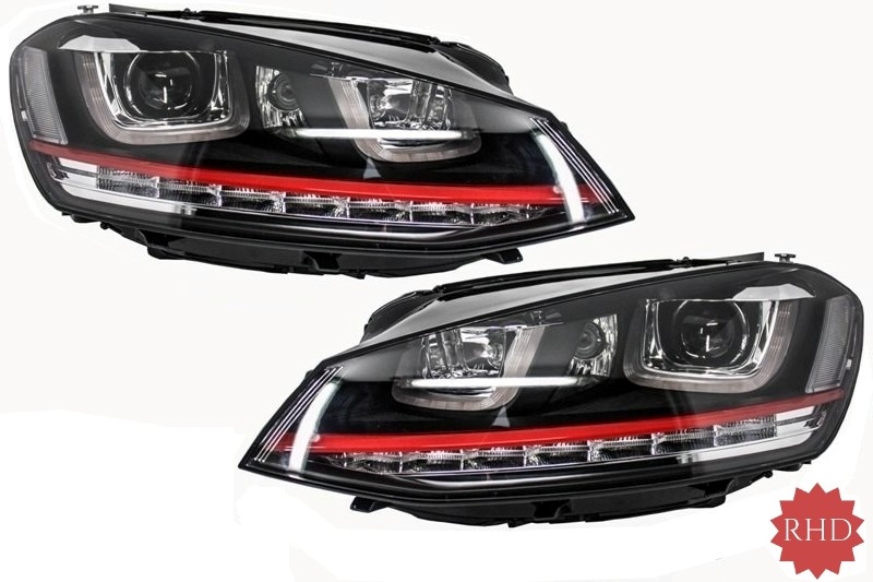 RHD fényszórók 3D LED DRL VW Golf 7 VII (2012-2017) RED R20 GTI Look LED Folyó, dinamikus szekvenciális kanyarodó lámpákhoz