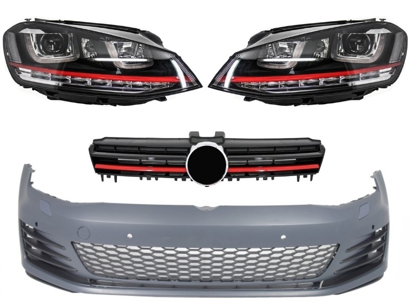 Első lökhárító alkalmas VW Golf VII Golf 7 2013-up GTI Lookhoz, 3D LED DLR RED fényszórókkal és hűtőrácstal