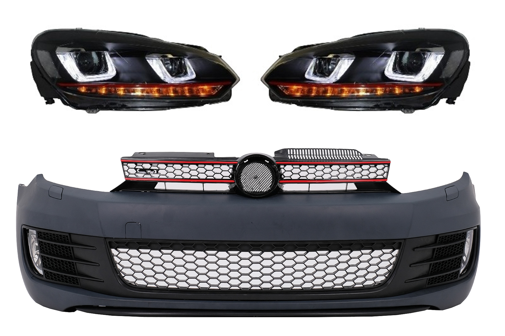 Első lökhárító fényszórókkal LED dinamikus kanyarodó lámpával, VW Golf VI 6 (2008-2013) GTI Look modellhez