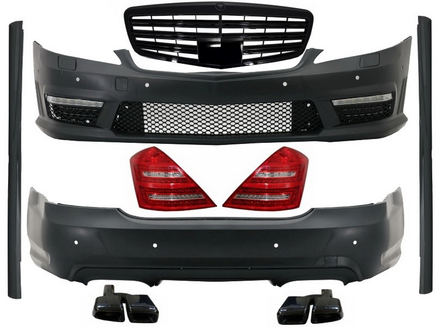 Komplett karosszériakészlet a MERCEDES-Benz S-Class W221 2005-2009 (LWB) A-Design hátsó lámpák kipufogó-tompító hegyeihez