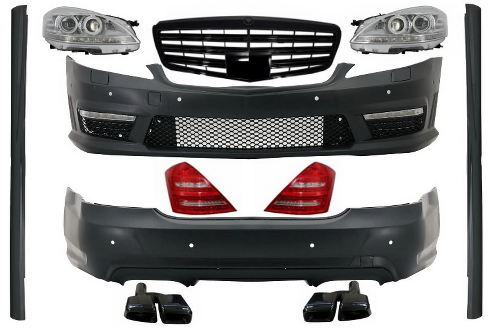 Komplett karosszériakészlet első ráccsal, zongorafekete, MERCEDES-Benz S-Class W221 2005-2009 (LWB) Facelift A-Design számára