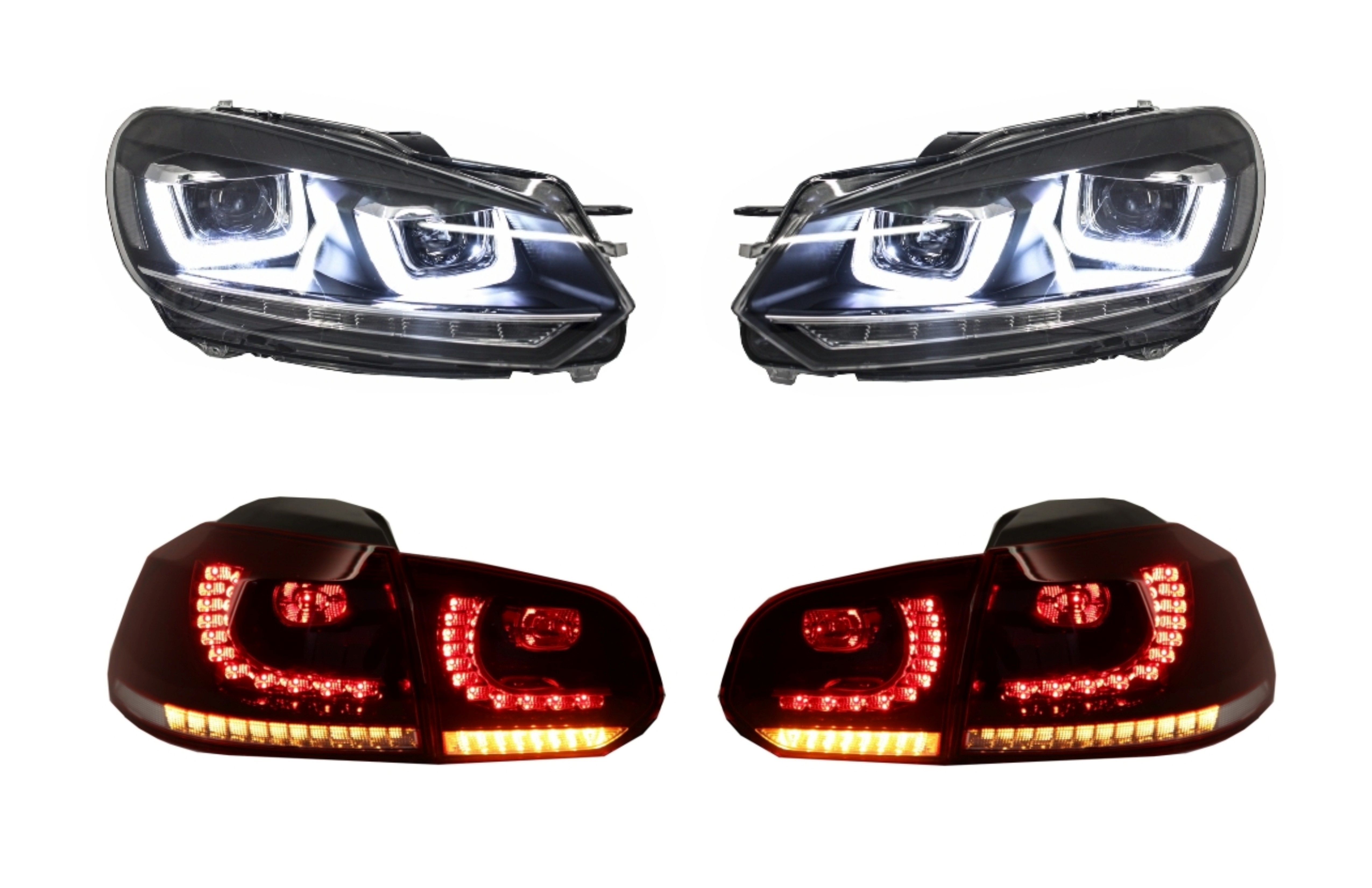 Fényszórók Króm és Hátsó lámpák Cherry Red Full LED VW Golf 6 VI (2008-2013) R20 U Design dinamikus szekvenciális kanyarodólámpa LHD számára