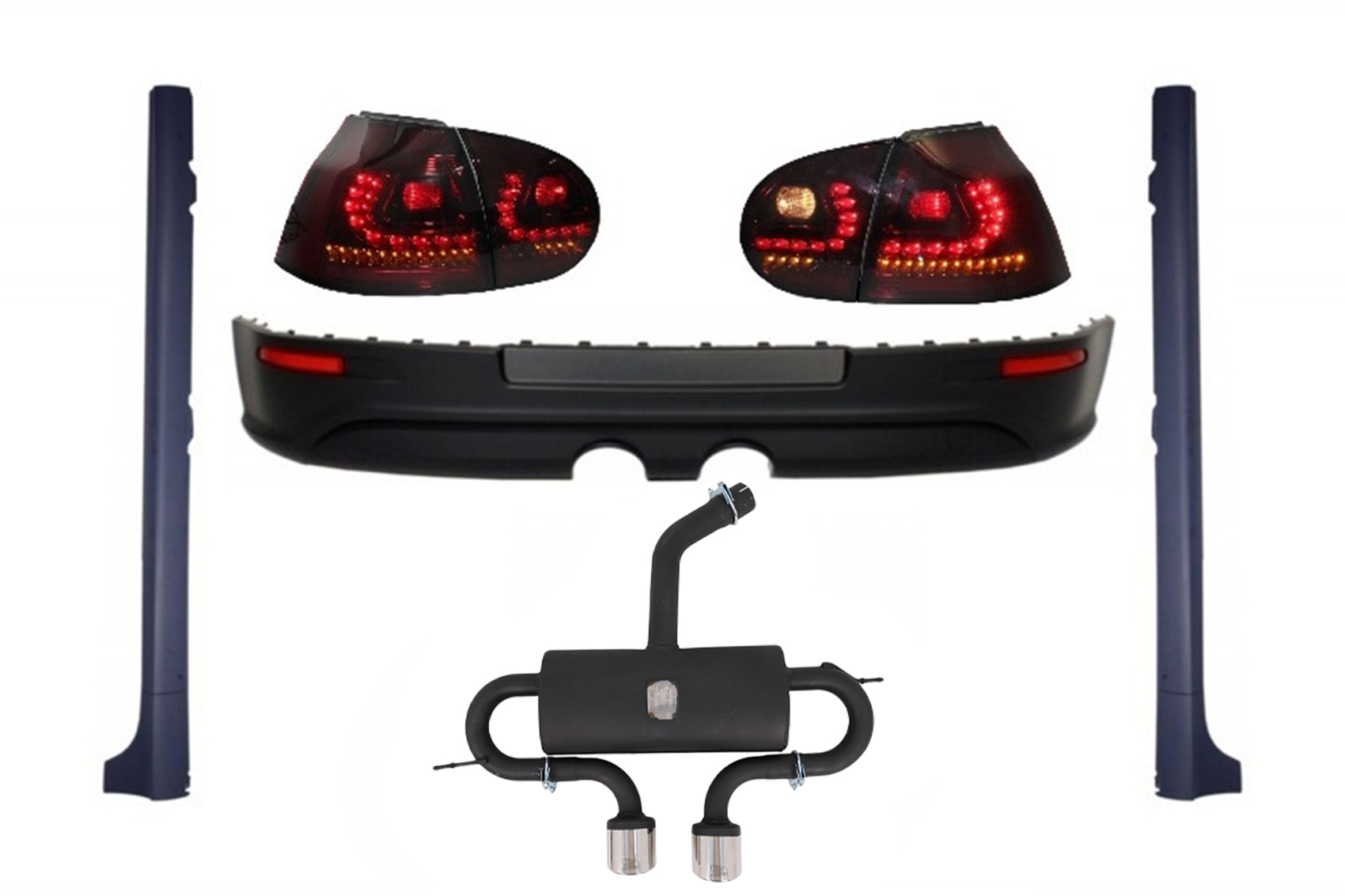 Hátsó lökhárító kiterjesztésű komplett kipufogórendszer VW Golf V 2003-2008 modellhez, LED-es hátsó lámpákkal Dynamic Red/Smoke és oldalsó szoknyákkal R32 Look