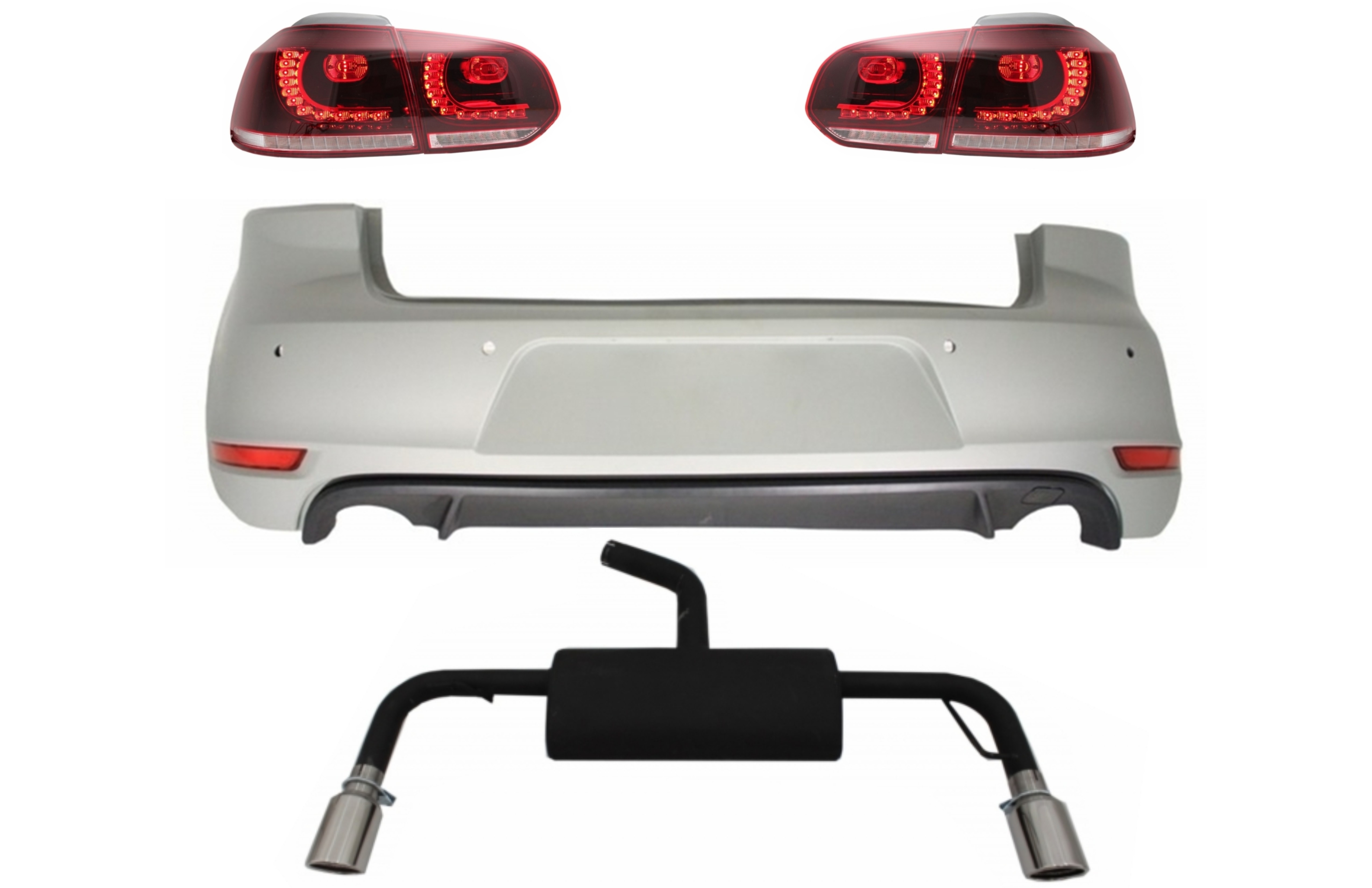 Hátsó lökhárító alkalmas VW Golf 6 VI-hoz (2008-2012), komplett kipufogórendszerrel és hátsó lámpákkal FULL LED Cherry Red GTI Design