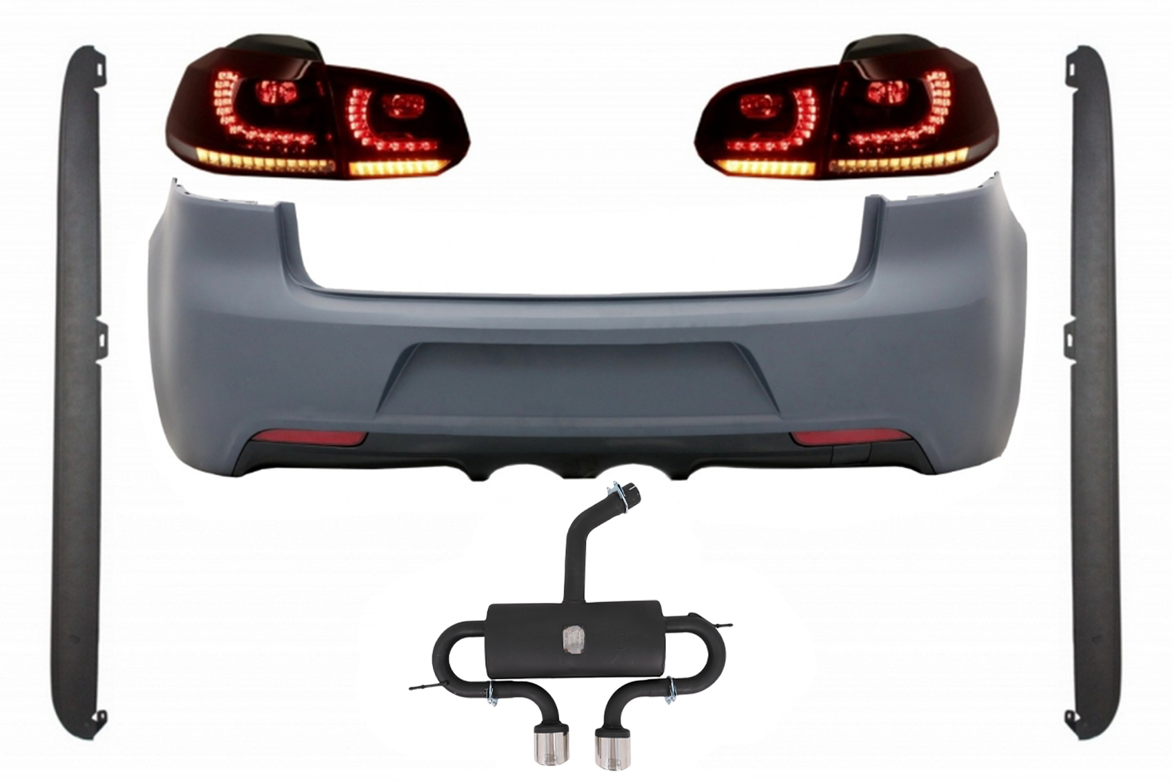 Hátsó lökhárító kipufogórendszerrel VW Golf VI (2008-2013) R20 Design oldalsó szoknyákhoz és hátsó lámpákhoz, Full LED dinamikus szekvenciális kanyarodó lámpa (LHD és RHD)