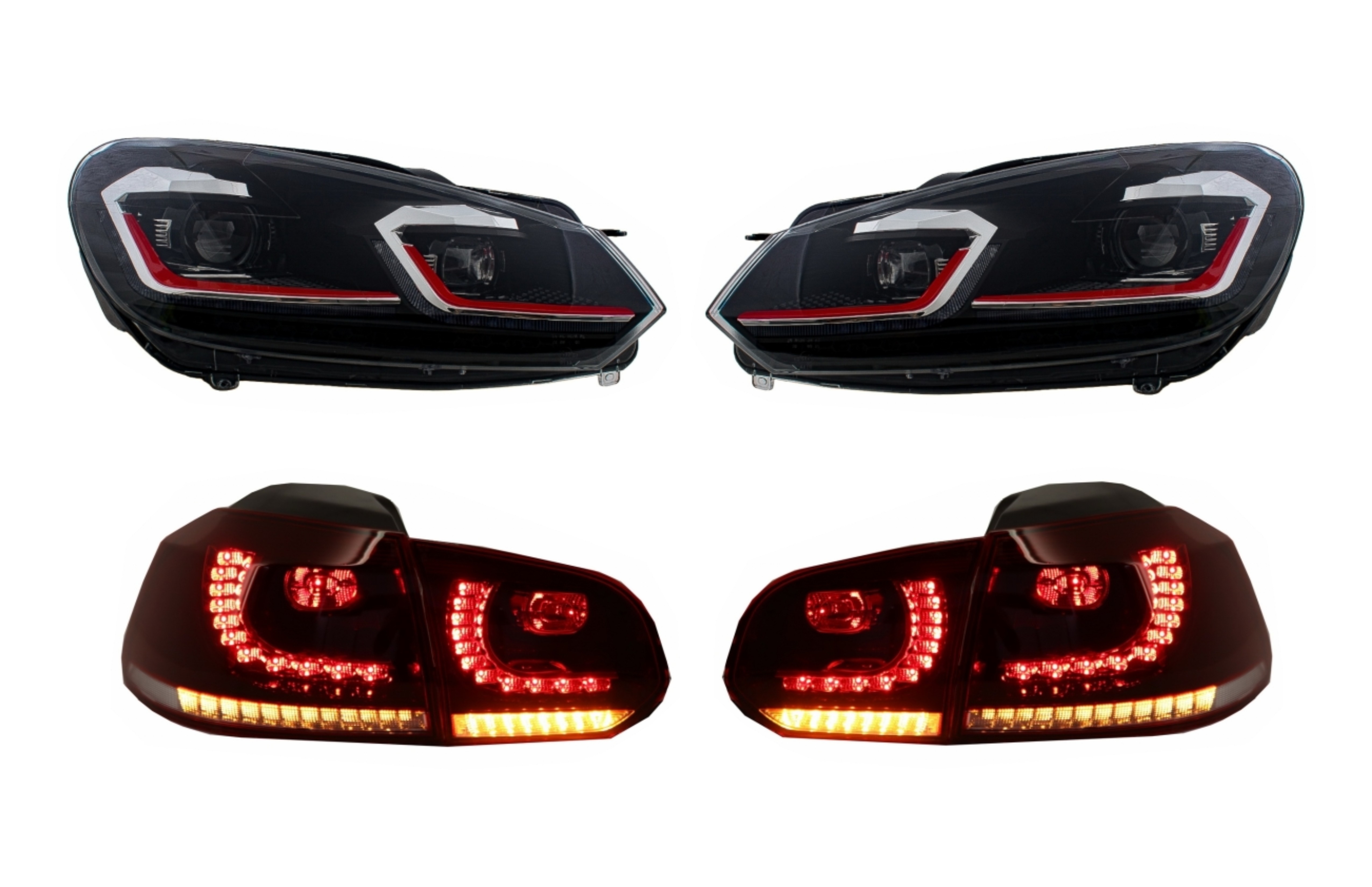 LED-es fényszórók és hátsó lámpák a VW Golf 6 VI-hoz (2008-2013) Facelift G7.5 GTI Look Red Folyó dinamikus szekvenciális LHD kanyarodó lámpákkal