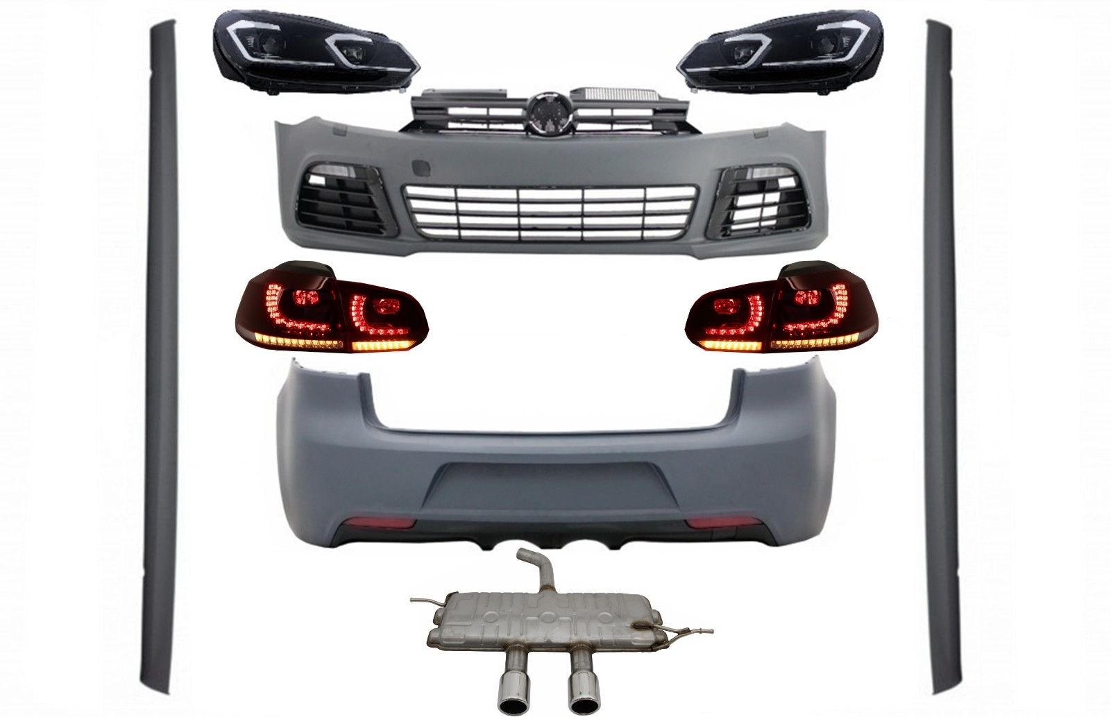 Komplett karosszériakészlet VW Golf VI 6 MK6 (2008-2013) R20 kivitelhez, LED-es fényszórókkal és hátsó lámpákkal, dinamikus kanyarodólámpával + komplett kipufogórendszerrel