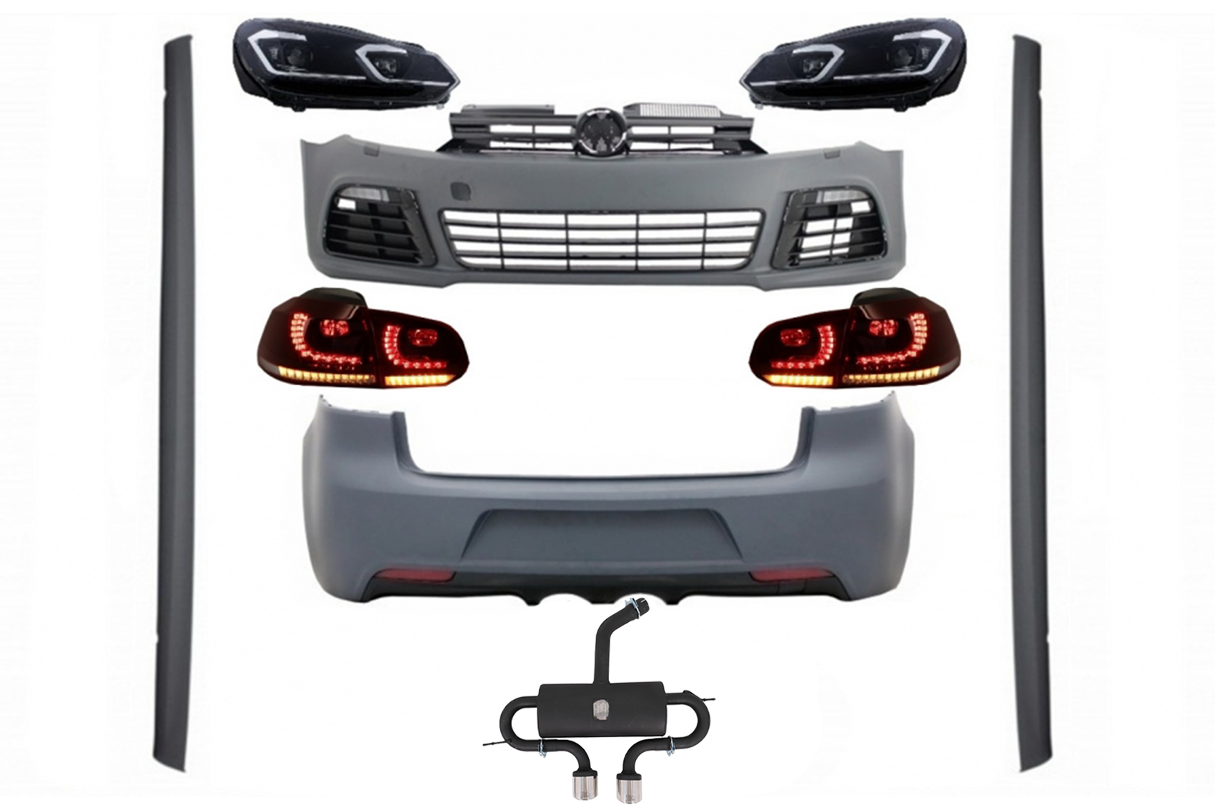 Komplett karosszériakészlet VW Golf VI 6 MK6 (2008-2013) R20 kivitelhez, LED-es fényszórókkal és hátsó lámpákkal, dinamikus kanyarodólámpával + komplett kipufogórendszerrel