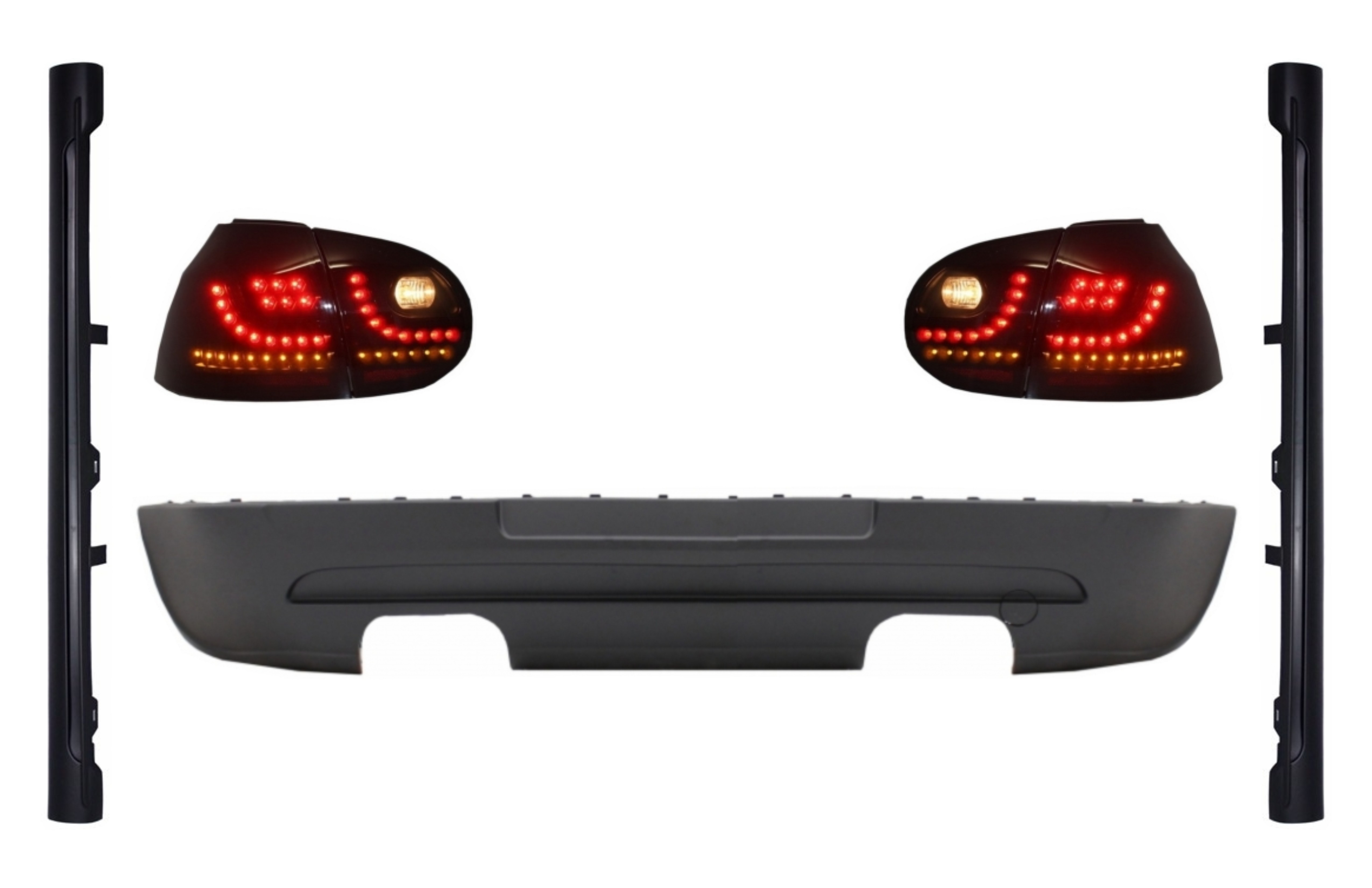 Hátsó lökhárító hosszabbító ikerkimenet LED füstfekete LED hátsó lámpával és oldalsó szoknyákkal, VW Golf 5 V (2003-2007) GTI Designhoz