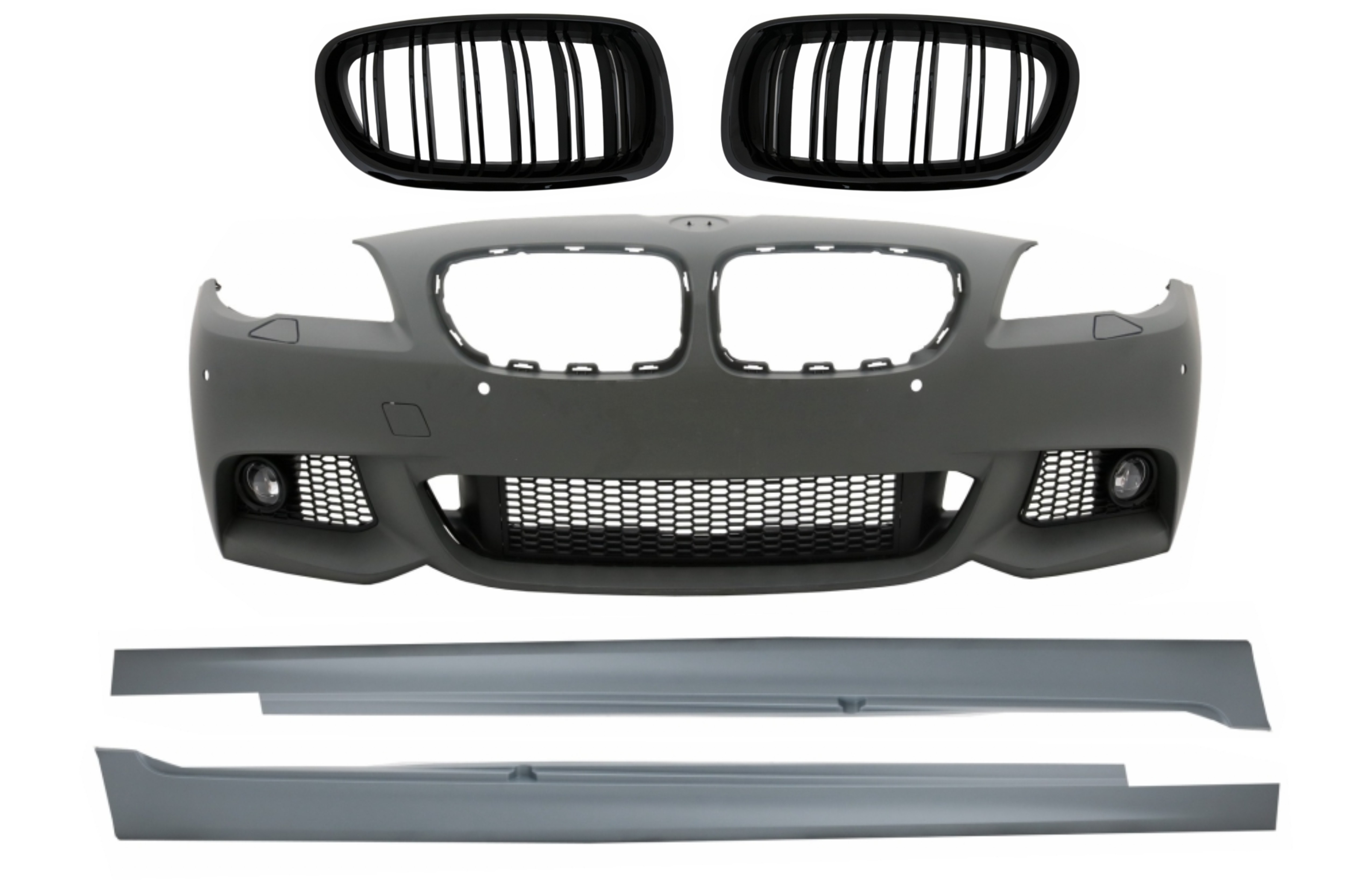 Első lökhárító oldalsó szoknyákkal és központi rácsokkal. Vese alkalmas BMW 5-ös sorozatú F10 F11 Non LCI (07.2010-2013) Sedan Touring M-Technik Designhoz