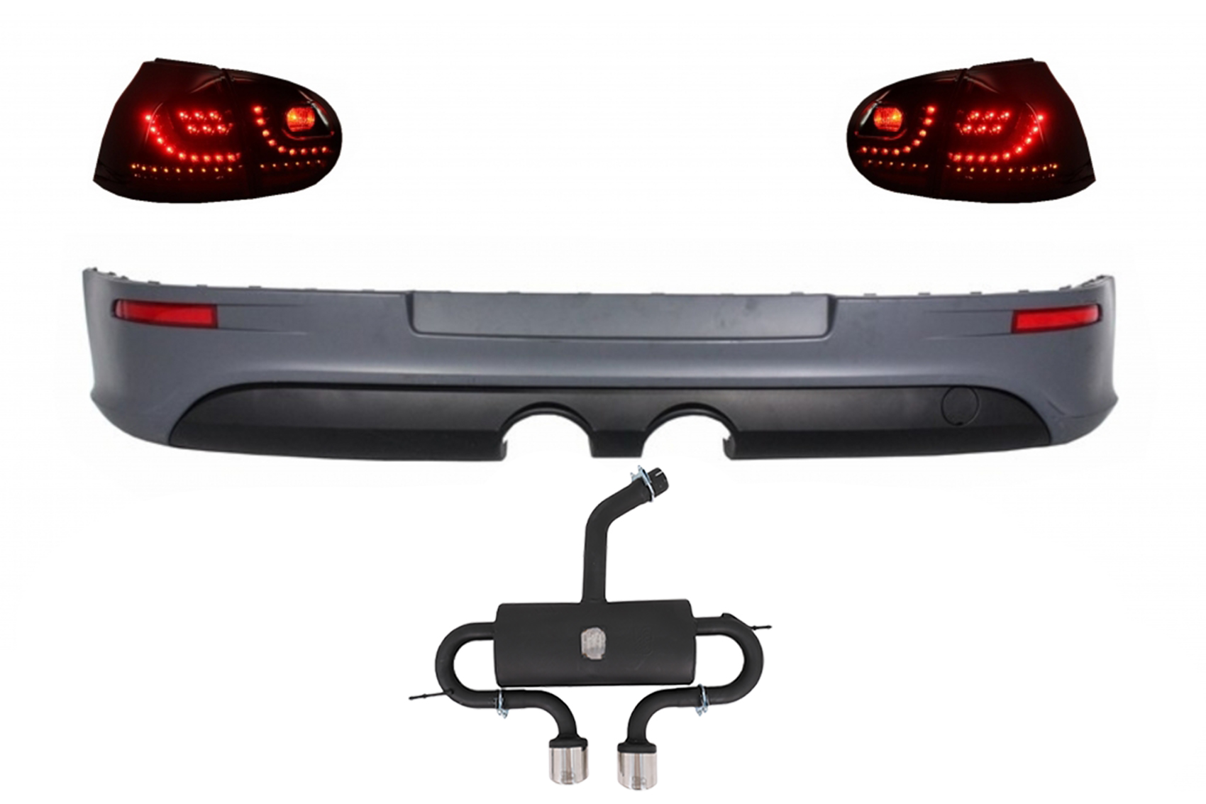 Hátsó lökhárító hosszabbító VW Golf 5 V (2003-2007) modellhez LED-es hátsó lámpákkal és teljes kipufogórendszerrel R32 Look