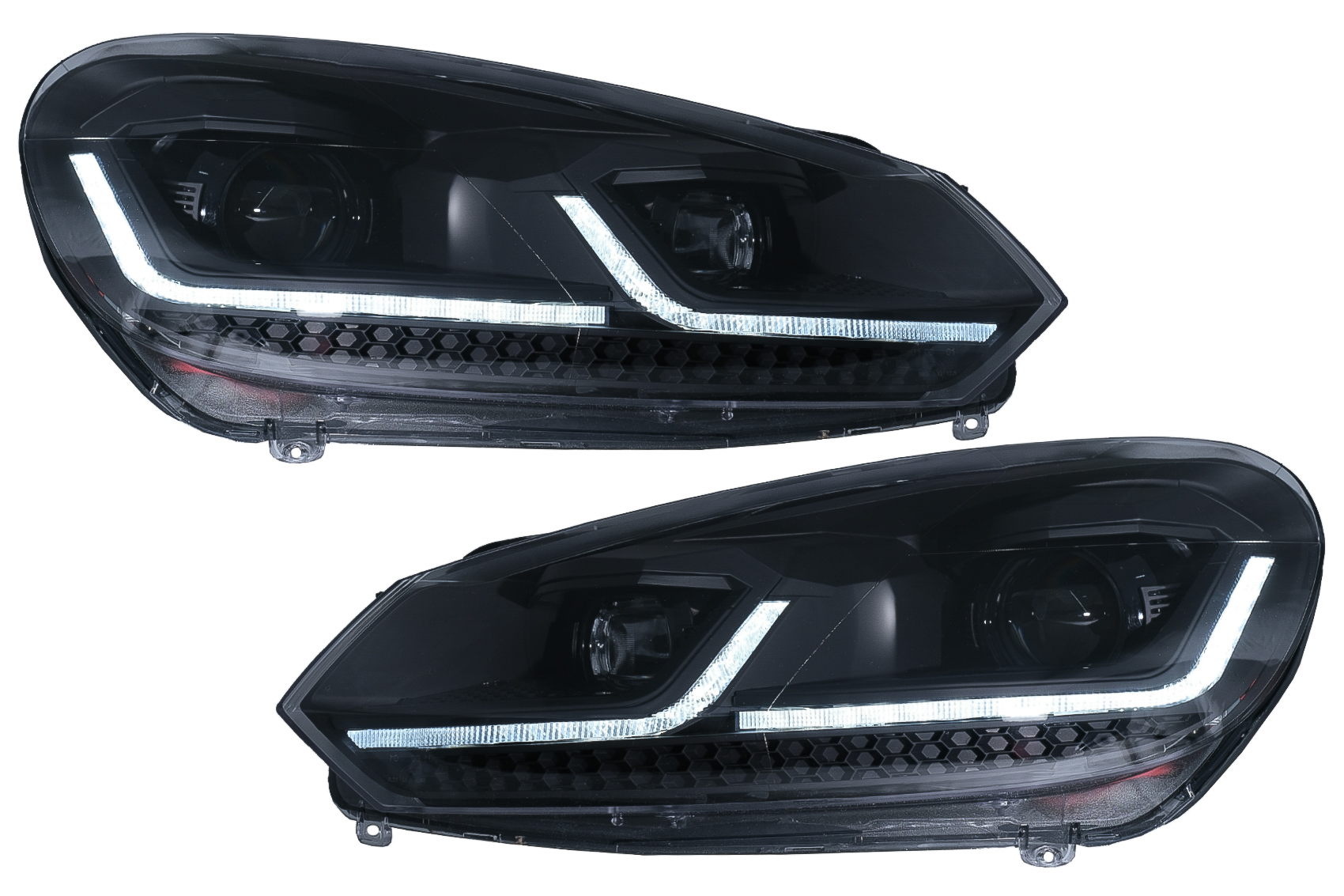 LED-es fényszórók a VW Golf 6 (2008-2013) modellhez, Facelift G7.5 Look Black Flowing dinamikus szekvenciális LHD kanyarodó lámpákkal