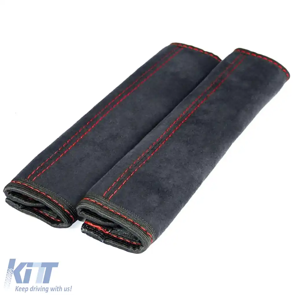 2x Pernuțe pentru Centura de Siguranță, Perne de Protecție pentru Centură, Negre cu Cusături Roșii-image-6201785