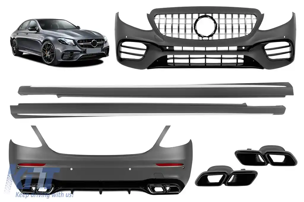 63 Un kit de tuning cu stil de design cu grilă GT crom/negru și fuste laterale potrivite pentru Mercedes E-Class W213 2016-2019 cu benzi negre