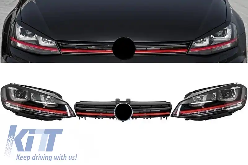 Ansamblu Faruri 3D Semnal Dinamic LED cu Grila compatibil cu VW Golf 7 VII (2012-2017) R20 GTI Design Rosu