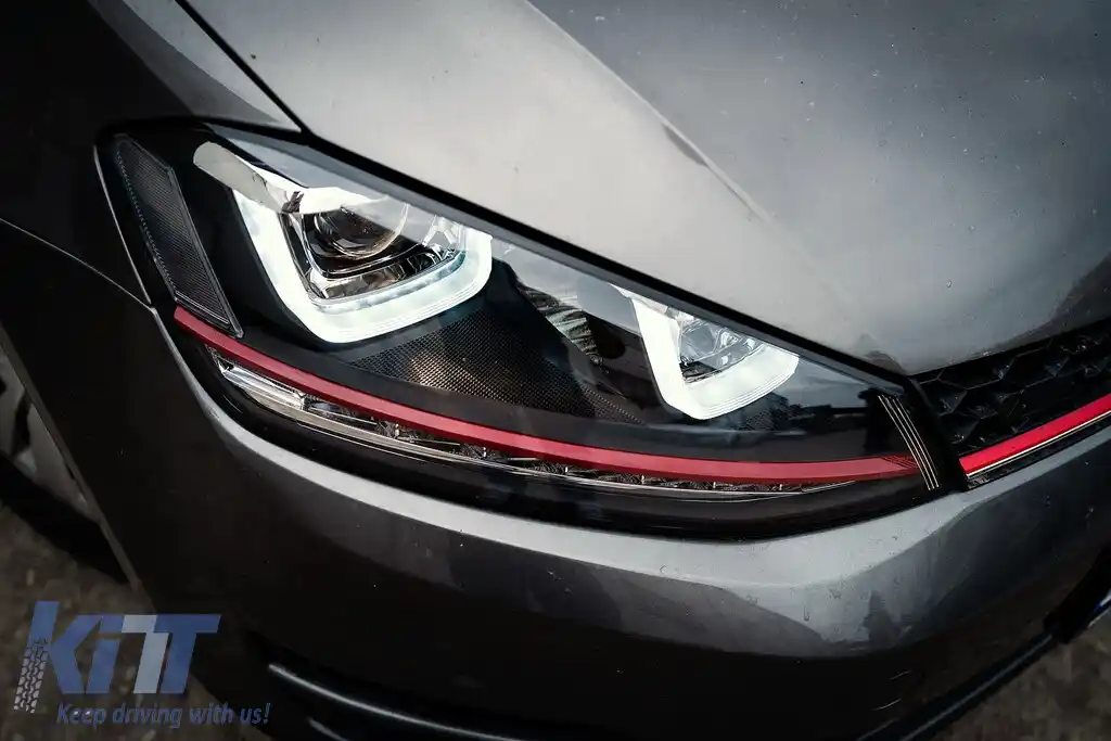 Ansamblu Faruri 3D Semnal Dinamic LED cu Grila compatibil cu VW Golf 7 VII (2012-2017) R20 GTI Design Rosu-image-6101458
