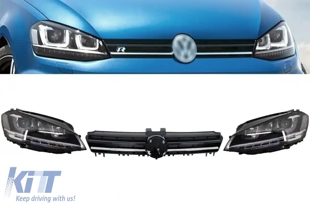 Ansamblu Faruri 3D Semnal Dinamic LED cu Grila compatibil cu VW Golf 7 VII (2012-2017) R Design Argintiu