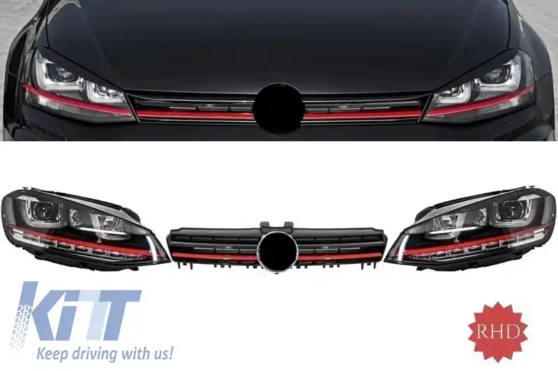 Ansamblu Faruri 3D Semnal Dinamic LED cu Grila compatibil cu VW Golf 7 VII (2012-2017) R20 GTI Design Rosu