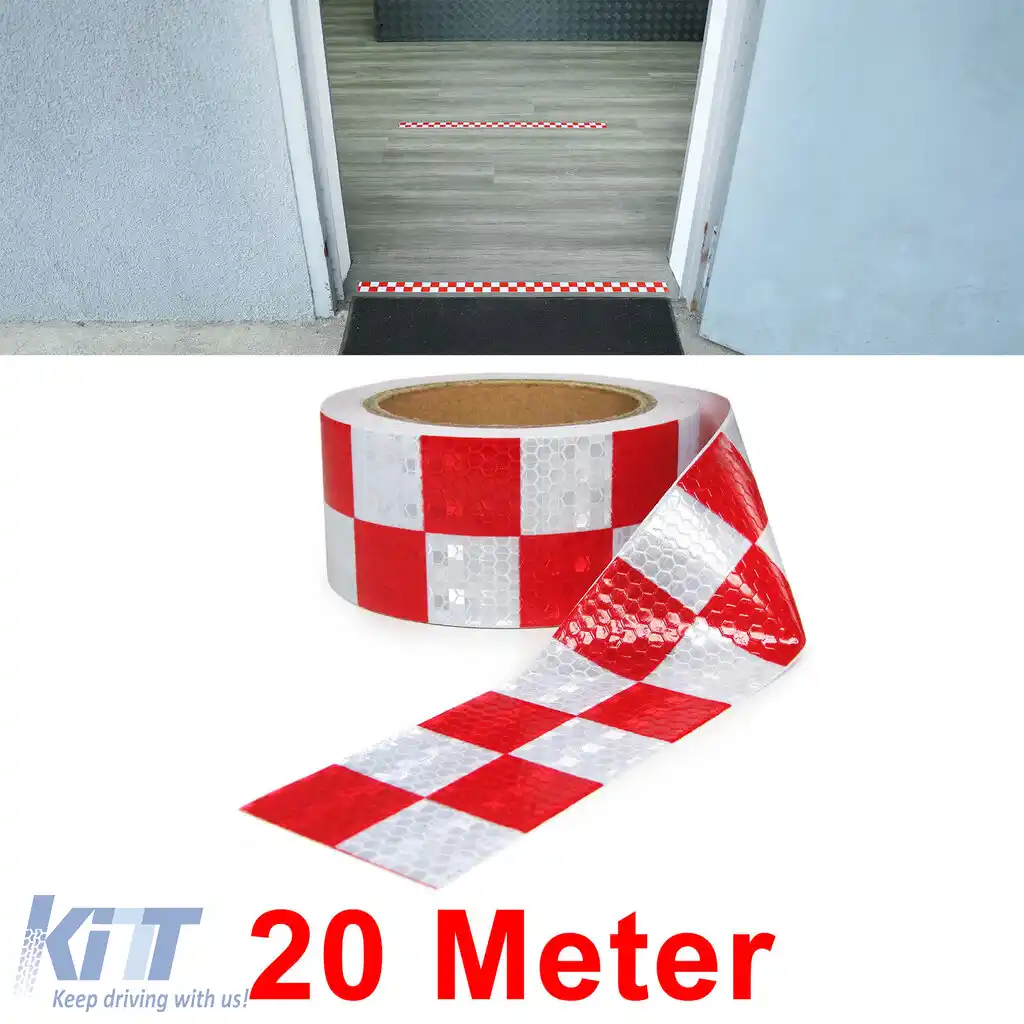 Bandă de semnalizare bandă de marcare bandă de barieră autoadezivă reflectorizantă cu carouri 20m-image-6200002