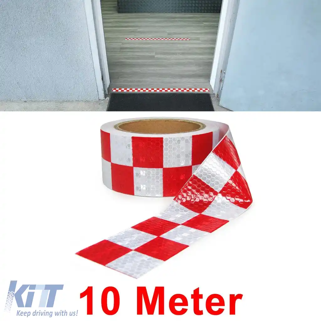 Bandă de semnalizare bandă de marcare bandă barieră autoadezivă reflectorizantă cu carouri 10m-image-6199151