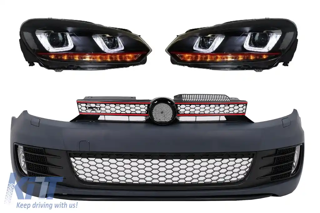 Bara Fata cu Faruri LED U Design cu Strip Rosu semnal dinamic compatibil cu VW Golf VI 6 (2008-2013) GTI Look