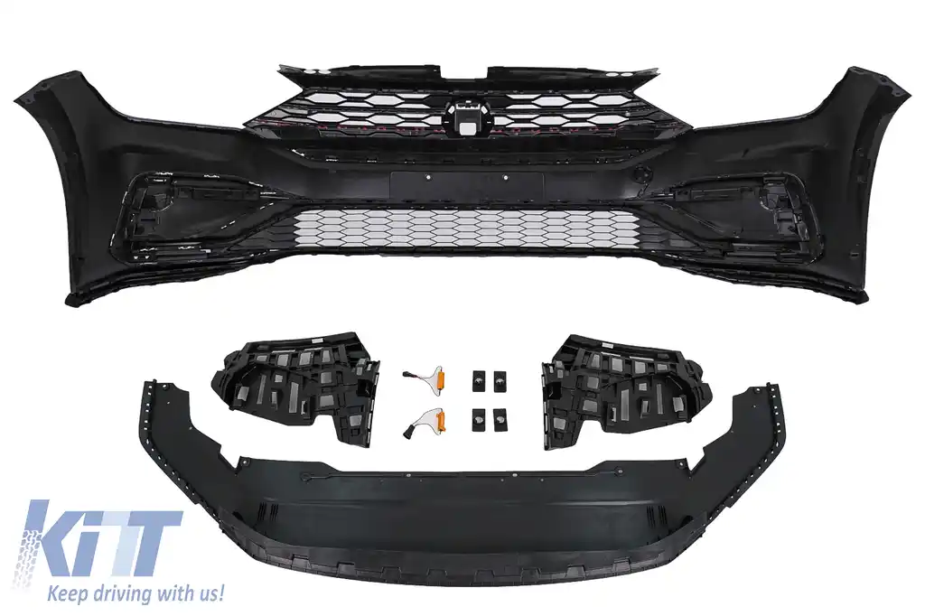 Bara fata cu Grila Centrala Insertie Rosie si Prelungire Bara Fata Negru Lucios compatibil cu VW Jetta MK7 (2019-2021) GLI Look-image-6087515