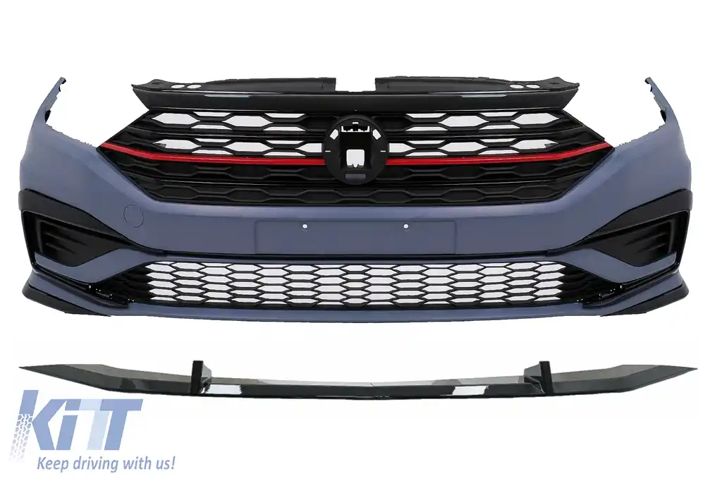 Bara fata cu Grila Centrala Insertie Rosie si Prelungire Bara Fata Negru Lucios compatibil cu VW Jetta MK7 (2019-2021) GLI Look