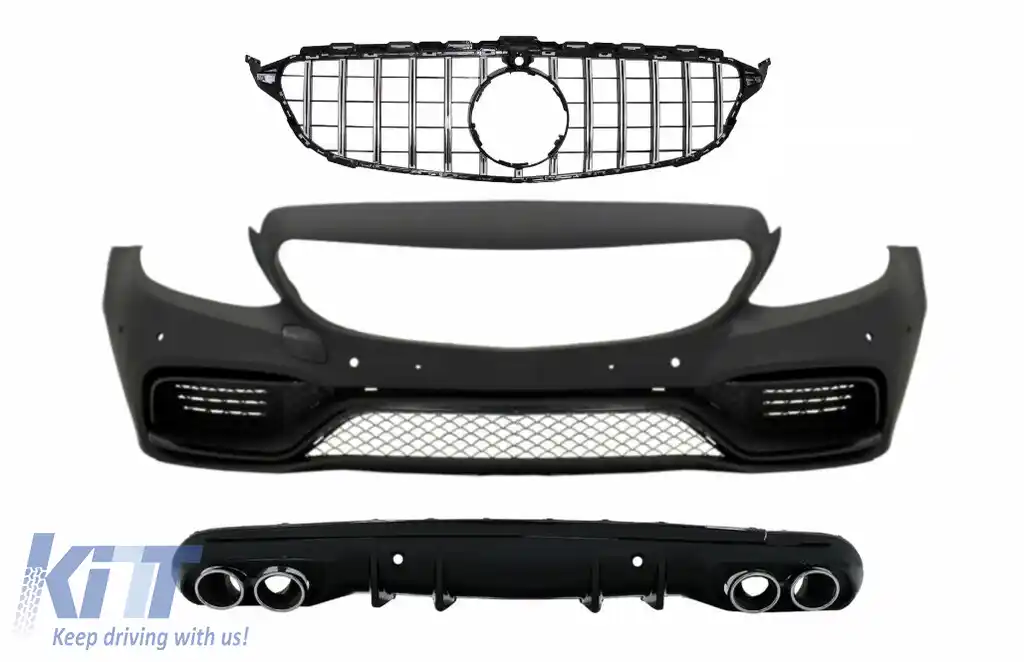 Bara Fata cu Grila Crom si Difuzor cu ornamente evacuare compatibil cu Mercedes C-Class W205 S205 (2014-2018) C63 Design