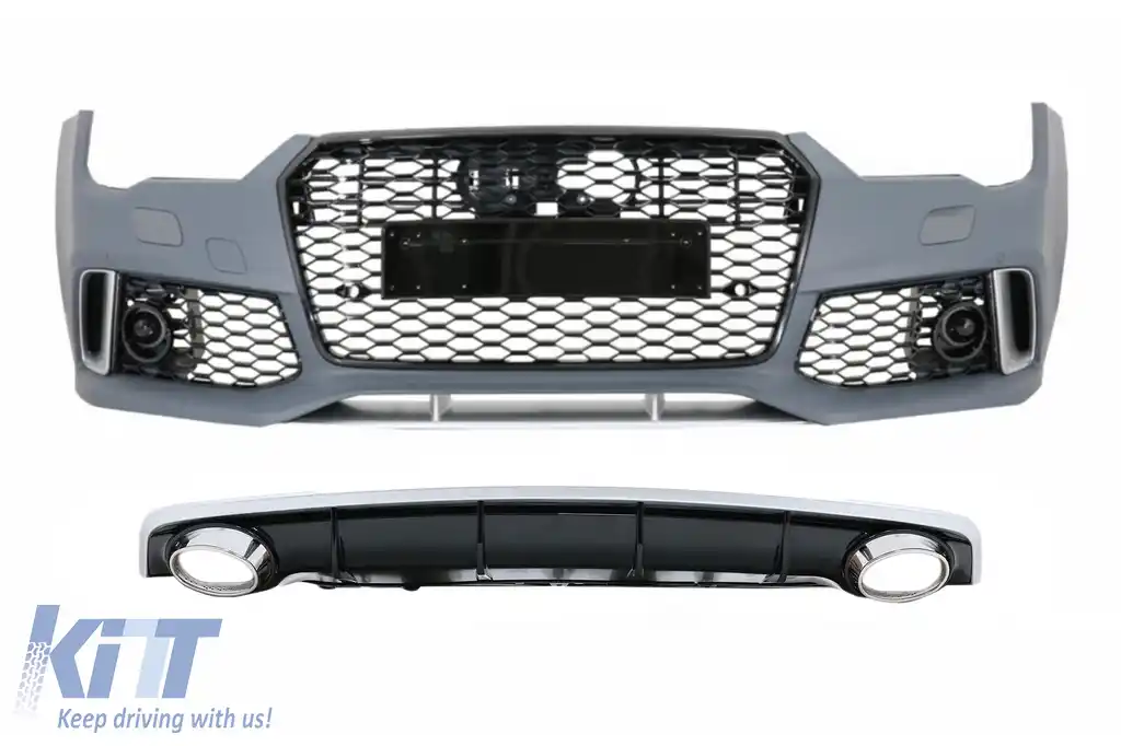 Bara Fata cu Grile compatibil cu Audi A7 4G Facelift (2015-2018) si Difuzor Bara Spate cu Ornamente Evacuare RS7 Design