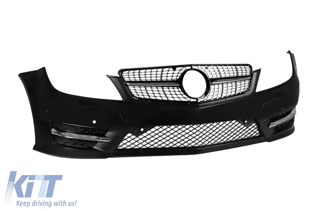 Bara frontală A Design Line potrivită pentru Mercedes C-Class W204 Sedan, S204 Estate 2007-2014 cu PDC, cu grilă Chrome/Black Diamond-image-6237395