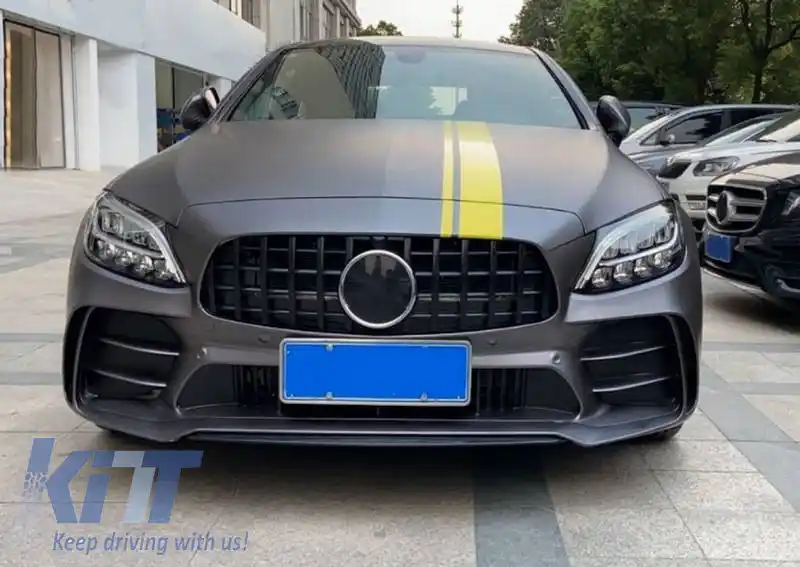 Bara frontală potrivită pentru Mercedes-Benz C-Class C205/W205 14-21 GTR Look (Black Mamba) cu grilaj negru/metalizat (Black Mamba)-image-6318396