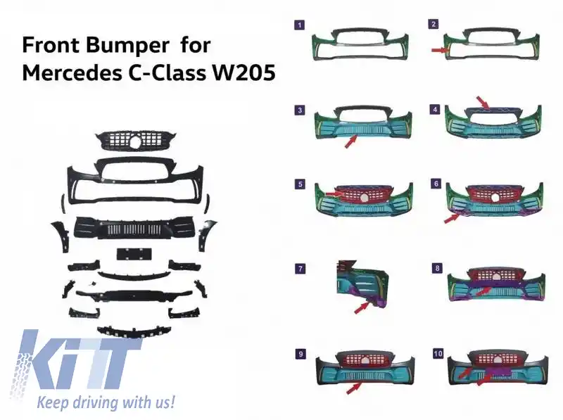 Bara frontală potrivită pentru Mercedes-Benz C-Class C205/W205 14-21 GTR Look (Black Mamba) cu grilă neagră/ crom (Black Mamba)-image-6319251