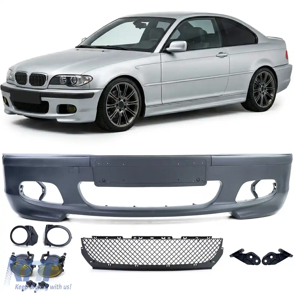 Bara frontală sport + ABE + faruri de ceață galbene potrivite pentru BMW E46 Sedan Touring LCI