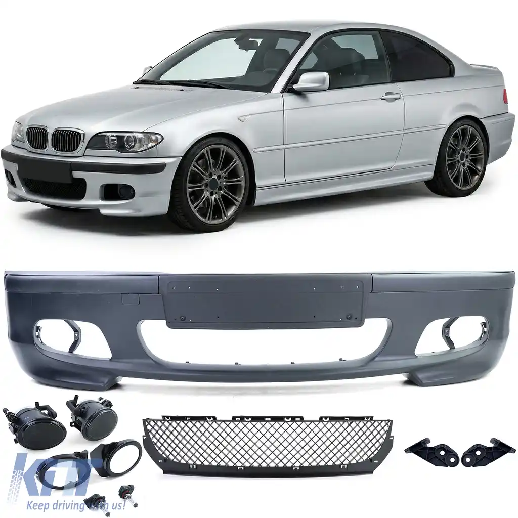 Bara frontală sport + ABE + lumini de ceață fumurii, potrivită pentru BMW E46 sedan touring LCI