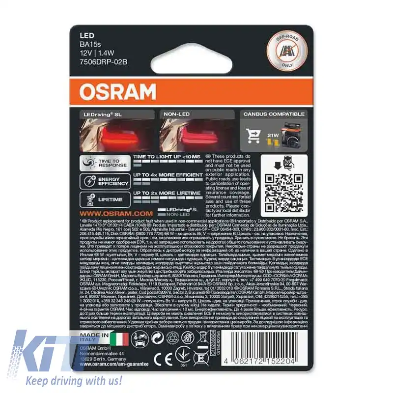 Becuri LED P21W BA15S Singur Roșu 12volți 1.4 wați Osram 7506DRP-02B 2buc-image-6296405