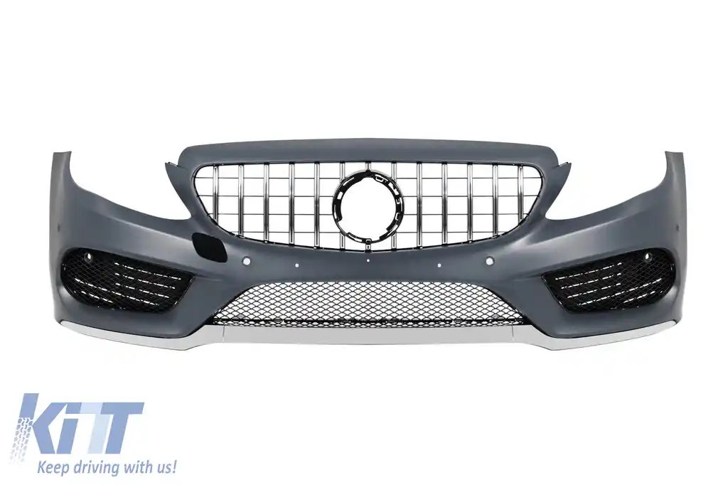 Bumper frontal A Design Line potrivit pentru Mercedes C-Class W205 sedan, S205 break 2013-2018 cu grilaj GT crom/negru