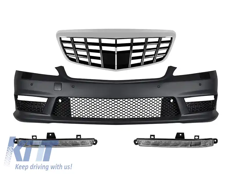Bumper frontal A Design tip S63, S65 cu grilă Brabus crom/negru, potrivit pentru Mercedes S-Class W221 2006-2013 cu lumini de zi