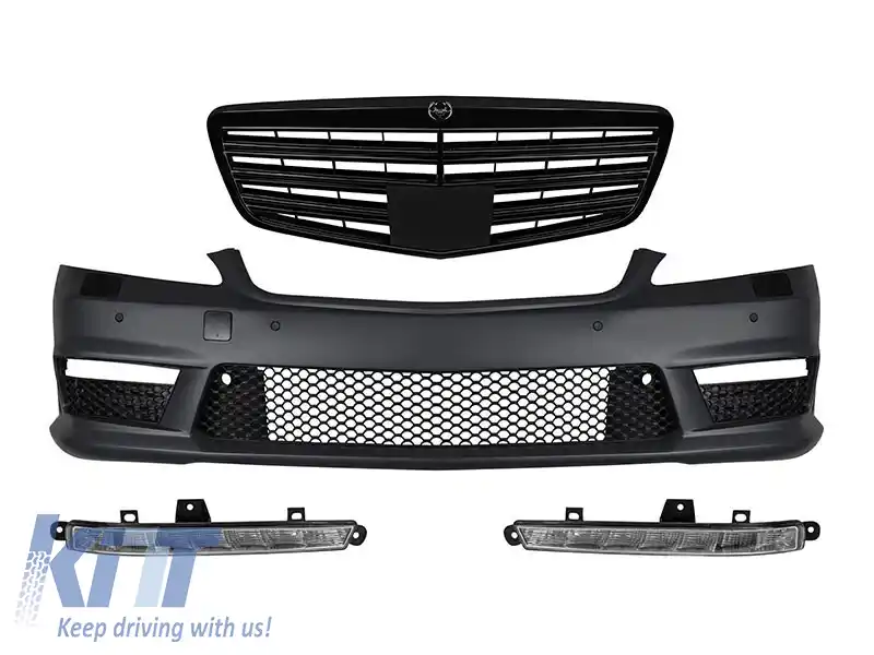 Bumper frontal A Design tip S63, S65 cu grilaj lacuit negru, potrivit pentru Mercedes S-Class W221 2006-2013 cu lumini de zi