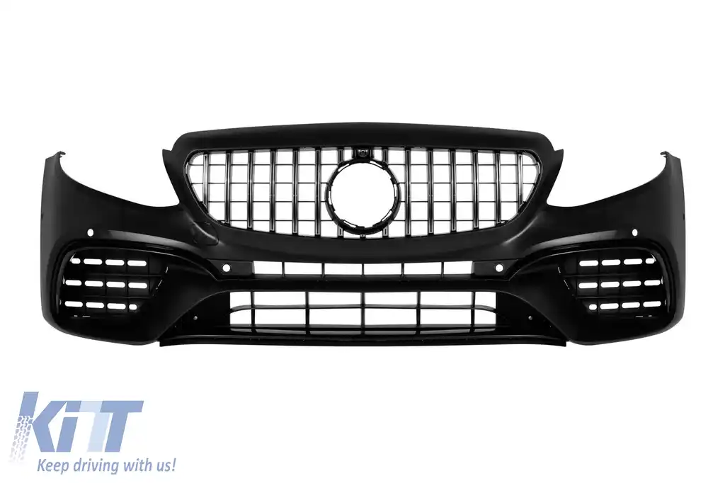 Bumper frontal tip 63 cu grilă GT crom/negru, potrivit pentru Mercedes E-Class W213 sedan, S213 break 2016-2019 pentru modelul cu sau fără clapete active