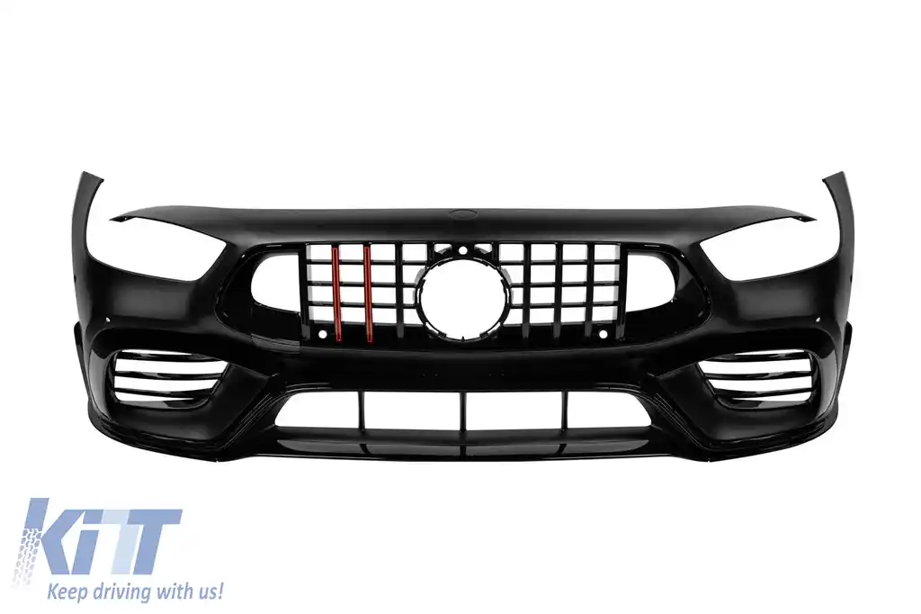 Bumper frontal tip A Design GT63 cu grilă tip Brabus cu lac negru și linii roșii, potrivit pentru Mercedes A Design GT 4 Door Coupe după 2019