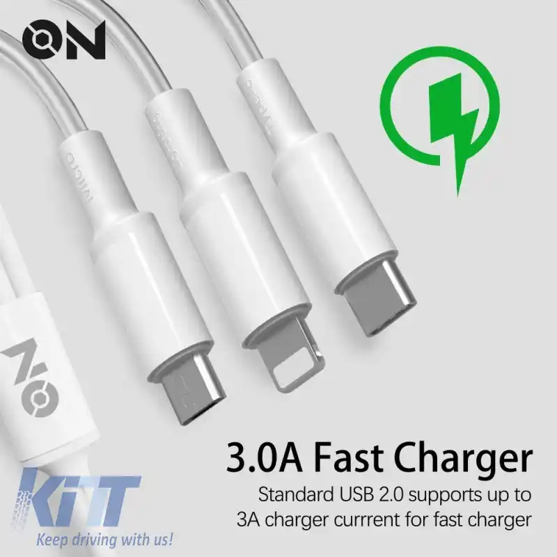 Cablu de Încărcare Rapidă USB 3 în 1 potrivit pentru Lightning, Micro, Type-C, Alb, 120cm ON Accesorii Mobile, 1 Bucată-image-6322744
