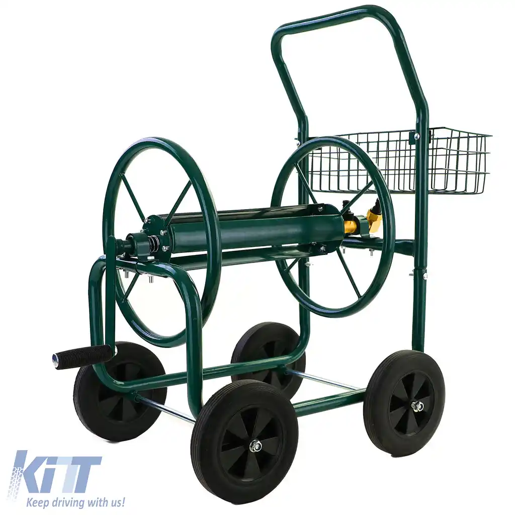 Carucior cu furtun, carucior manual verde cu suport pentru furtun de gradina de pana la 60m