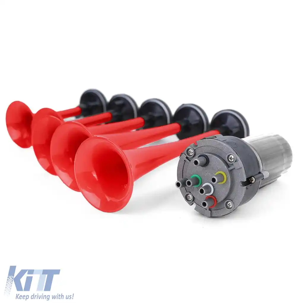 Claxon de barcă cu 5 tonuri, melodie La Cucaracha, cu compresor, roșu, 118dB, 12 volți-image-6202904