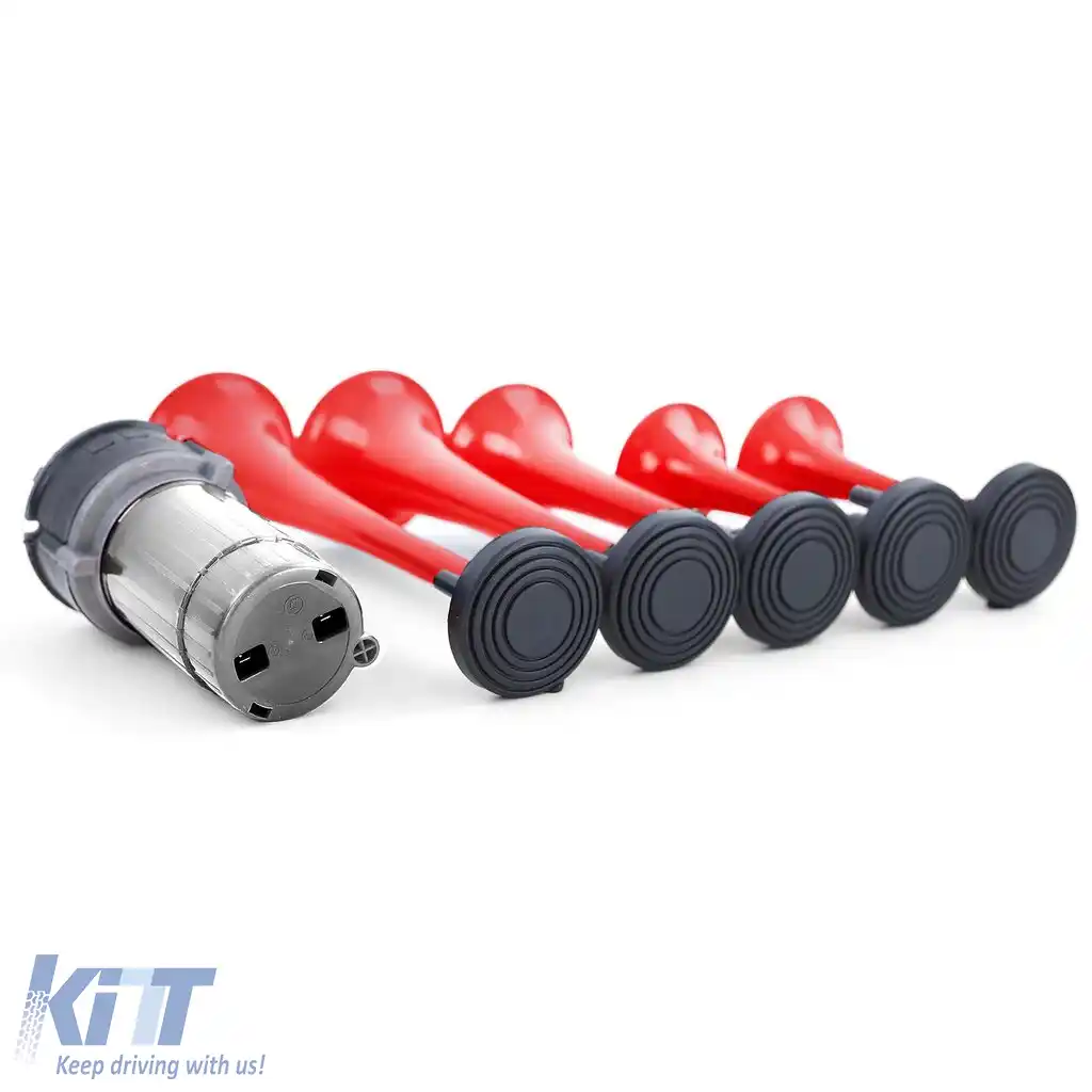 Claxon de barcă cu 5 tonuri, melodie La Cucaracha, cu compresor, roșu, 118dB, 12 volți-image-6202905