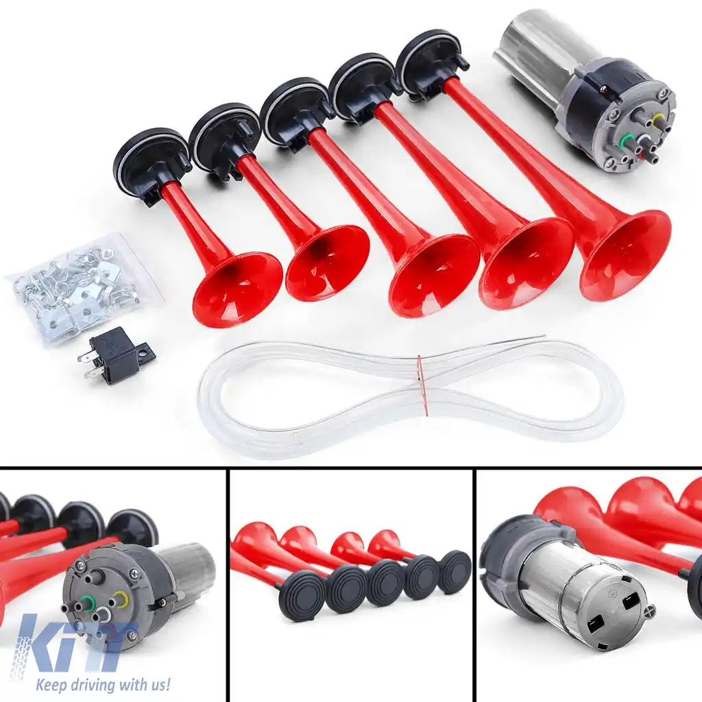 Claxon de barcă cu 5 tonuri, melodie La Cucaracha, cu compresor, roșu, 118dB, 12 volți-image-6202908